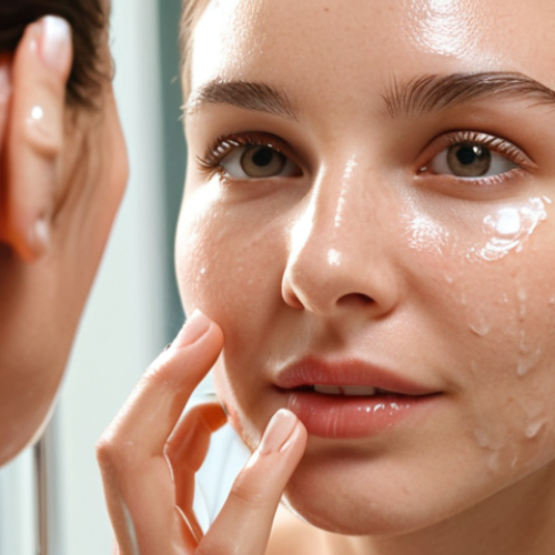 Home 14 **A radiant woman with healthy, glowing skin, applying a probiotic serum to her face in a well-lit bathroom. Focus on the close-up of her skin texture and the product bottle. The overall tone should be clean and modern, emphasizing skincare.**