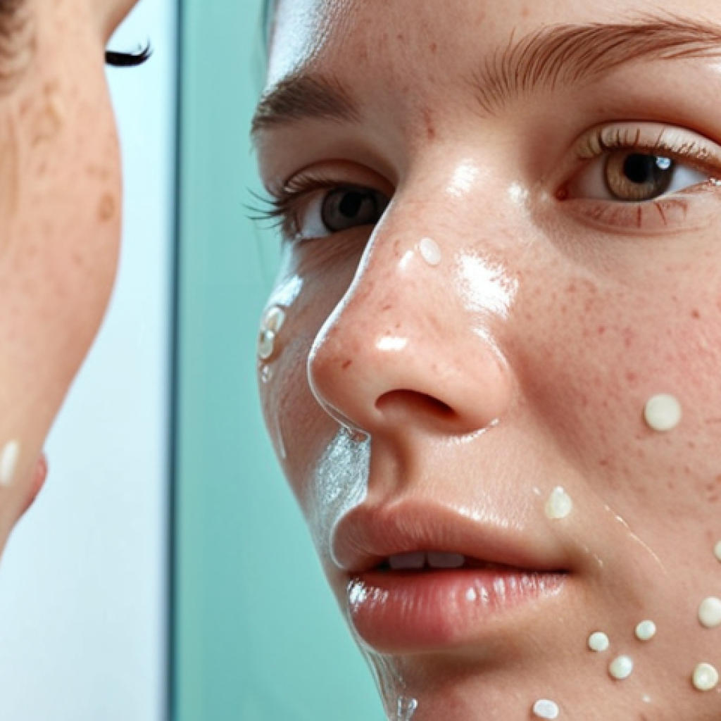 **A close-up of a woman's face with clear, healthy skin, subtly glowing. She is applying a probiotic cream to her cheek. Focus on the smooth texture of the cream and the healthy skin microbiome with small, abstract representations of beneficial bacteria.**
