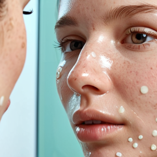 Home 7 **A close-up of a woman's face with clear, healthy skin, subtly glowing. She is applying a probiotic cream to her cheek. Focus on the smooth texture of the cream and the healthy skin microbiome with small, abstract representations of beneficial bacteria.**