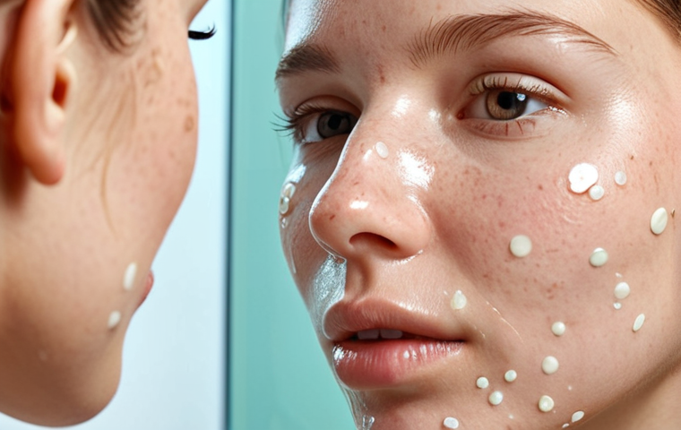 **A close-up of a woman's face with clear, healthy skin, subtly glowing. She is applying a probiotic cream to her cheek. Focus on the smooth texture of the cream and the healthy skin microbiome with small, abstract representations of beneficial bacteria.**