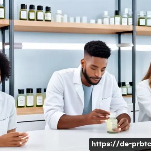 Home 29 프로바이오틱 스킨케어의 영향력 있는 브랜드 - A serene skincare laboratory scene featuring a diverse group of young adults with healthy, glowing s...