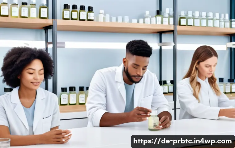 프로바이오틱 스킨케어의 영향력 있는 브랜드 - A serene skincare laboratory scene featuring a diverse group of young adults with healthy, glowing s...