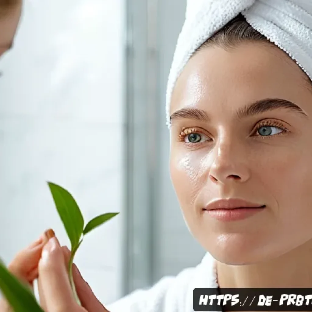 프로바이오틱 스킨케어와 비건 화장품 - A serene, close-up portrait of a young German woman with clear, radiant skin, gently applying a ligh...