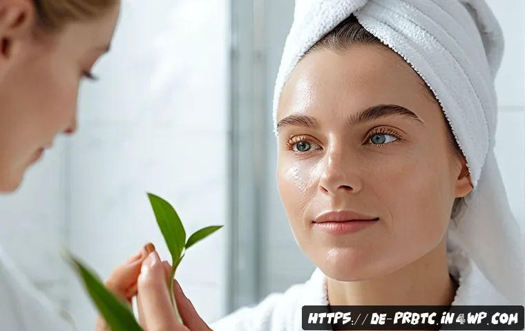 프로바이오틱 스킨케어와 비건 화장품 - A serene, close-up portrait of a young German woman with clear, radiant skin, gently applying a ligh...