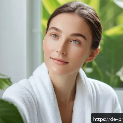 프로바이오틱 스킨케어의 장기적인 효과 - A close-up portrait of a young adult woman with flawless, glowing skin, gently applying a lightweigh...