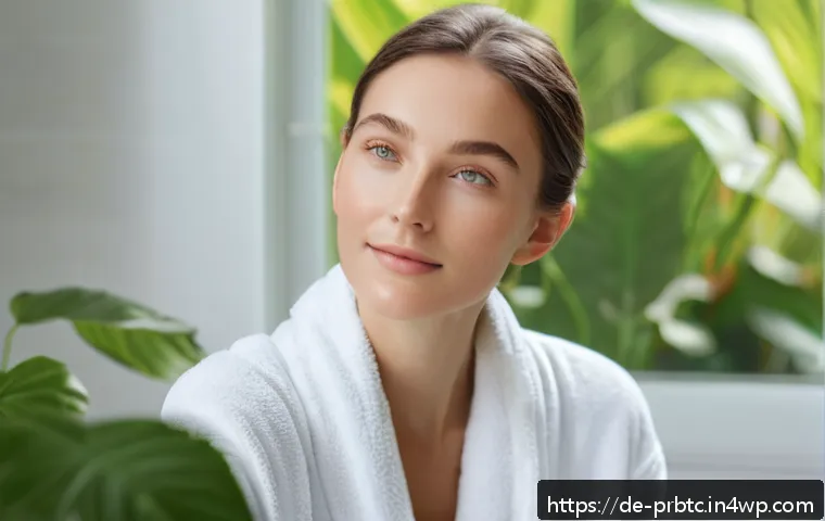 프로바이오틱 스킨케어의 장기적인 효과 - A close-up portrait of a young adult woman with flawless, glowing skin, gently applying a lightweigh...