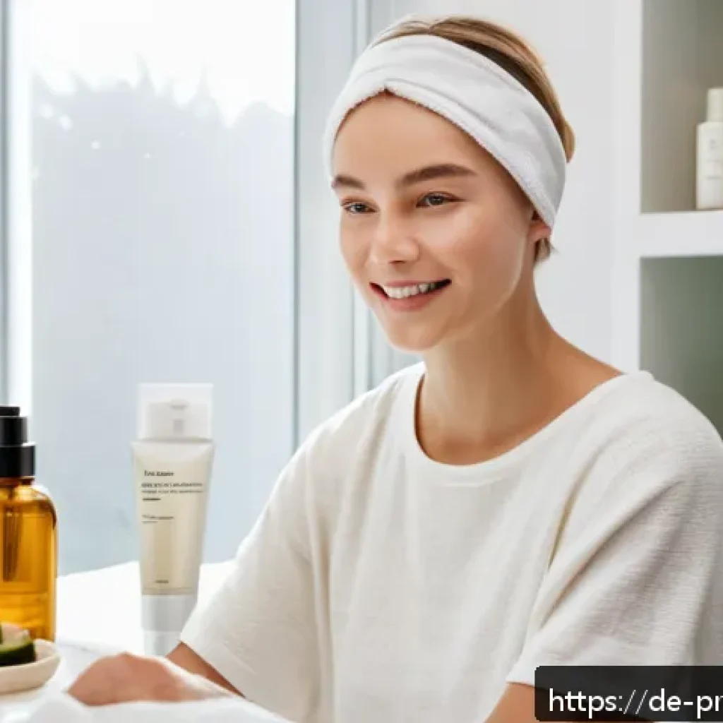 프로바이오틱 마스크팩 효과와 사용법 - A serene bathroom scene featuring a young adult woman with clear, glowing skin applying a probiotic ...