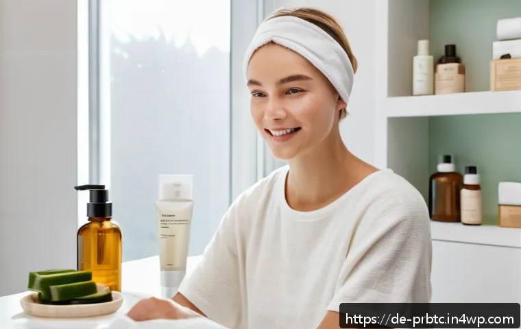 프로바이오틱 마스크팩 효과와 사용법 - A serene bathroom scene featuring a young adult woman with clear, glowing skin applying a probiotic ...