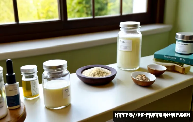 프로바이오틱 스킨케어 제품의 성분 분석 - Photorealistic ingredient analysis scene for probiotic skincare: unbranded cream jar, serum bottle, ...